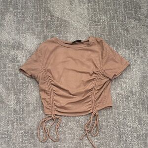 White Fox Boutique Ribbed Drawstring Crop Top - Taupe
